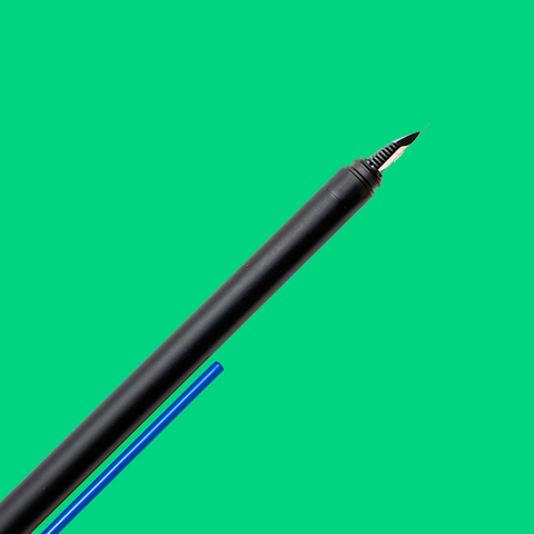 Close up of the "Grafeex Fountain Pen" with black aluminum body and blue clip.