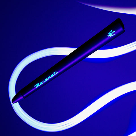 FO - Forever Made In Italy "Primina Maserati Edition" Ethergraf inkless pen with the Maserati logo and trident, in neon blue lights.