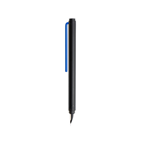 "Grafeex Fountain Pen" with black aluminum body and blue clip.
