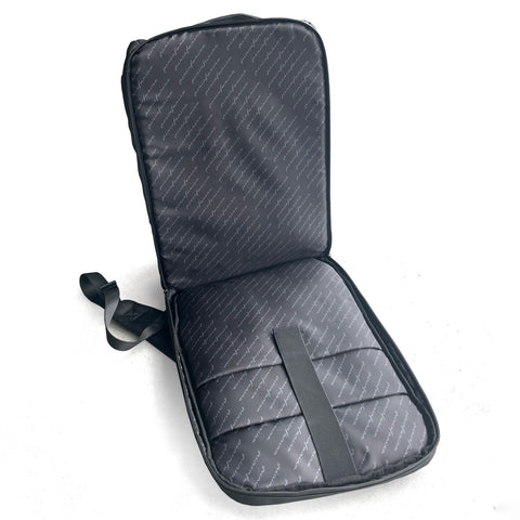 Pininfarina Segno "Active" black backpack on white background completely open showing two internal pockets for laptop and accessories