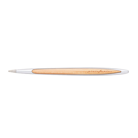 Pininfarina Segno "Cambiano Italian Beauty" Ethergraf Inkless with silver aluminum body and walnut wood inserts in a white background.
