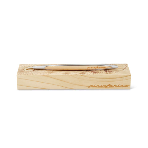 Pininfarina Segno "Cambiano Leonardo Drawing" special Leonardo Da Vinci edition. Available in Ethergraf Inkless pen or ballpoint with aluminum body and walnut wood inserts, lying in its base, that has engraved a portrait of Da Vinci in pointillism.