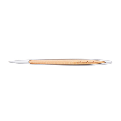 Pininfarina Segno "Cambiano Italian Beauty" ballpoint pen with silver aluminum body and walnut wood inserts in a white background.