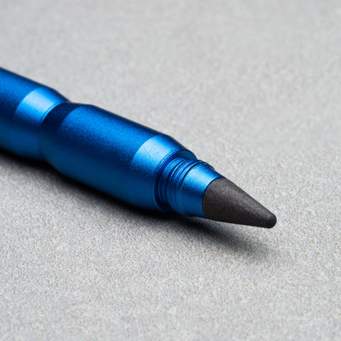 Close up of the graphite tip of the FO - Forever Made In Italy "Modula" Pen in blue aluminum body.