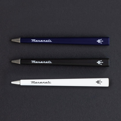 FO - Forever Made In Italy "Primina Maserati Edition" Ethergraf inkless pen in three body colors: white, black and blue with the Maserati logo and trident, in a black background.
