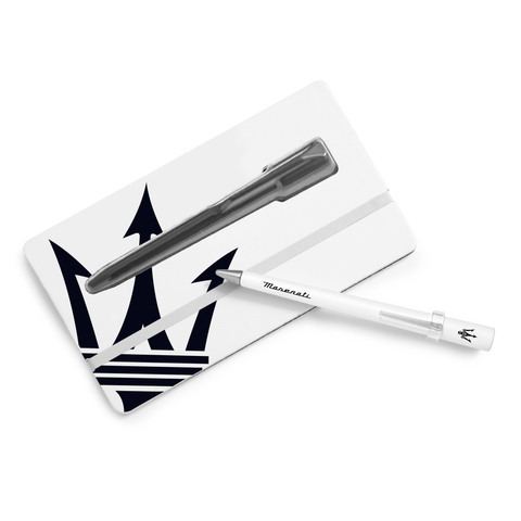 FO - Forever Made In Italy "Primina Maserati Edition" Ethergraf inkless pen in white alongside its white packaging with the Maserati Trident in black.