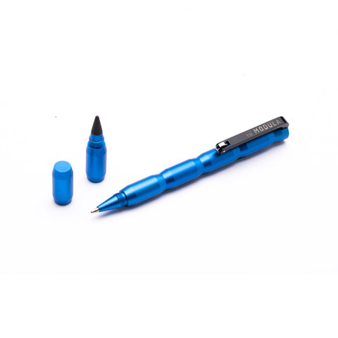 FO - Forever Made In Italy "Modula" Pen with double-tip design, contains a graphite tip and a ballpoint tip, in blue aluminum body in a white background.