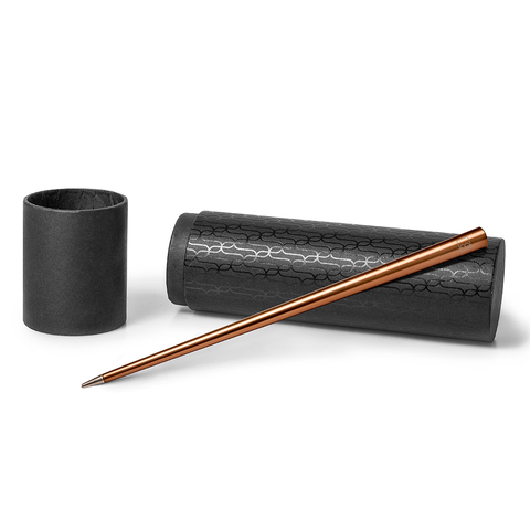 FO - Forever Made In Italy "Prima" Ethergraf inkless pen with anodized aluminum long body in the color cooper alongside its tube-shaped packaging.