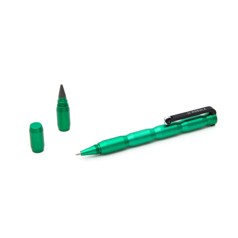 FO - Forever Made In Italy "Modula" Pen with double-tip design, contains a graphite tip and a ballpoint tip, in green aluminum body in a white background.