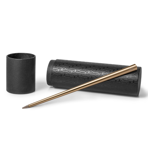 FO - Forever Made In Italy "Prima" Ethergraf inkless pen with anodized aluminum long body in the color gold alongside its tube-shaped packaging.