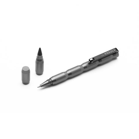 FO - Forever Made In Italy "Modula" Pen with double-tip design, contains a graphite tip and a ballpoint tip, in titanium aluminum body in a white background.