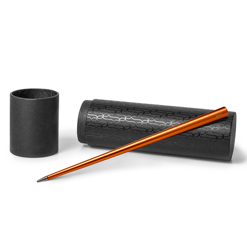 FO - Forever Made In Italy "Prima" Ethergraf inkless pen with anodized aluminum long body in the color rust alongside its tube-shaped packaging.