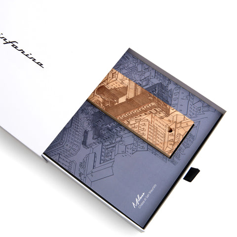 Packaging and base of the Pininfarina Segno "Cambiano Italian Beauty" Ethergraf Inkless or ballpoint pen with plans the city of Italy Milan in a white background.