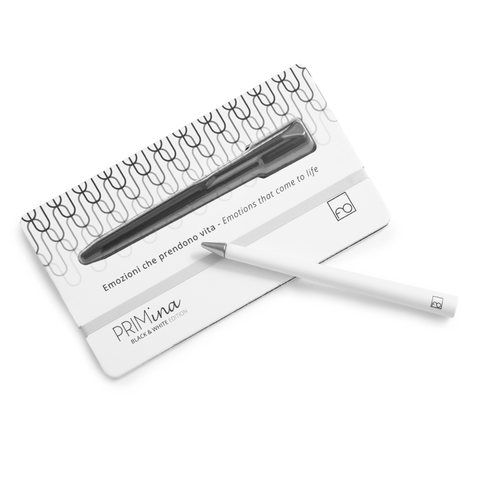 FO - Forever Made In Italy "Primina" Ethergraf inkless pen white body alongside its packaging.
