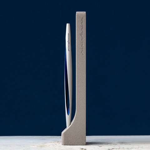 Pininfarina Segno "Aero" inkless pen with ethergraf tip with aluminum silver and blue body in its concrete base