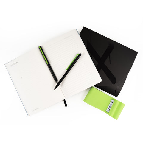 The Pininfarina Grafeex set, which includes the Pininfarina Grafeex ballpoint and pencil, the Pininfarina Notebook Stone Paper, and its elastic band with its packaging