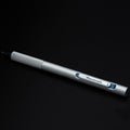 Pininfarina Segno "Slider Maserati Edition" ballpoint pen with aluminum body and blue details with the Maserati logo.