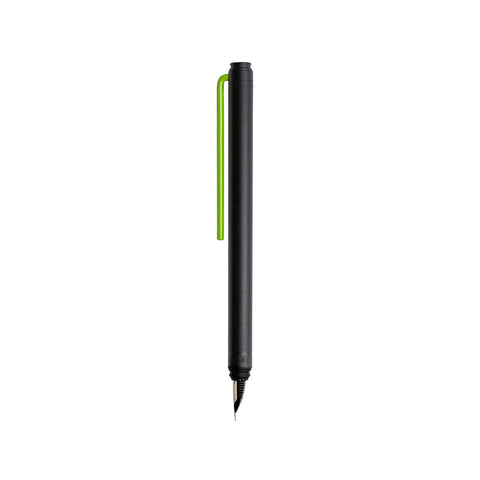 "Grafeex Fountain Pen" with black aluminum body and green clip.