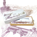 Packaging box of the FO - Forever Made In Italy "Piuma Italian Beauty" Pen with pear wood steam in the version "Firenze", along its stainless steel ondulated base. The box contains plans drawings of the city of Florence.