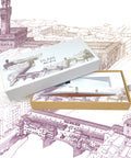 Packaging box of the FO - Forever Made In Italy "Piuma Italian Beauty" Pen with pear wood steam in the version "Firenze", along its stainless steel ondulated base. The box contains plans drawings of the city of Florence.