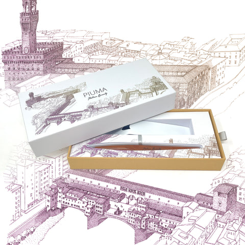 Packaging box of the FO - Forever Made In Italy "Piuma Italian Beauty" Pen with pear wood steam in the version "Firenze", along its stainless steel ondulated base. The box contains plans drawings of the city of Florence.