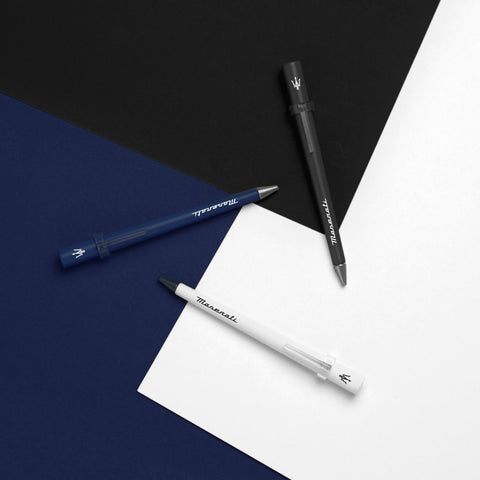 FO - Forever Made In Italy "Primina Maserati Edition" Ethergraf inkless pen in three body colors: white, black and blue with the Maserati logo and trident, in a background with those three colours. 