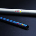 Close up of the Pininfarina Segno "SMART Oracle Red Bull Racing Edition" pencil with grafeex tip and blue painted aluminum body with the Oracle Red Bull Racing logo, next to its packaging aluminum tube.