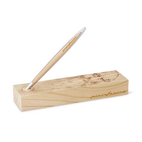 Pininfarina Segno "Cambiano Leonardo Drawing" special Leonardo Da Vinci edition. Available in Ethergraf Inkless pen or ballpoint with aluminum body and walnut wood inserts, standing in its base, that has engraved a portrait of Da Vinci in pointillism.