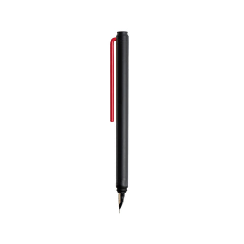 "Grafeex Fountain Pen" with black aluminum body and red clip.