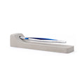 Elegant man holds Pininfarina Segno "Aero" inkless pen with ethergraf tip with aluminum silver and blue body.