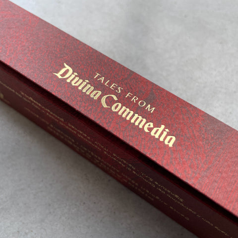 Close up of the packaging of the Pininfarina Segno "Cambiano Paradiso 700th edition" with the text "Tales from Divina Comedia" in gold