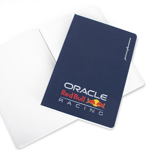 Close up of the Pininfarina Segno "Stone Paper Notebook Oracle Red Bull Racing Edition" in its plain version and colored logo version.