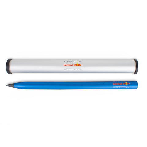 Pininfarina Segno "SMART Oracle Red Bull Racing Edition" pencil with grafeex tip and blue painted aluminum body with the Oracle Red Bull Racing logo, next to its packaging aluminum tube.