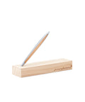 Pininfarina Segno "Cambiano Classic" Ethergraf Inkless pen with silver aluminum body and cedar wood inserts standing in its base in a white background.