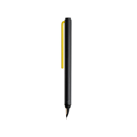 "Grafeex Fountain Pen" with black aluminum body and yellow clip.