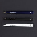 FO - Forever Made In Italy "Primina Maserati Edition" Ethergraf inkless pen in three body colors: white, black and blue with the Maserati logo and trident, in a black background. 