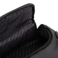 Close up of the interior of the black Pininfarina Segno "Active" Backpack. Lining with logo pattern in blue with black background.
