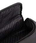 Close up of the interior of the black Pininfarina Segno "Active" Backpack. Lining with logo pattern in blue with black background.