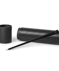 FO - Forever Made In Italy "Prima" Ethergraf inkless pen with anodized aluminum long body in the color black alongside its tube-shaped packaging.