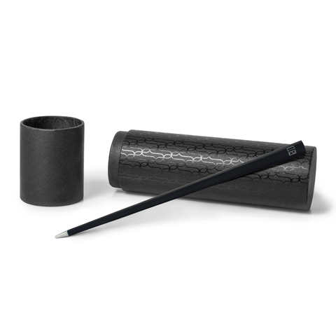 FO - Forever Made In Italy "Prima" Ethergraf inkless pen with anodized aluminum long body in the color black alongside its tube-shaped packaging.