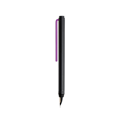 "Grafeex Fountain Pen" with black aluminum body and purple clip.
