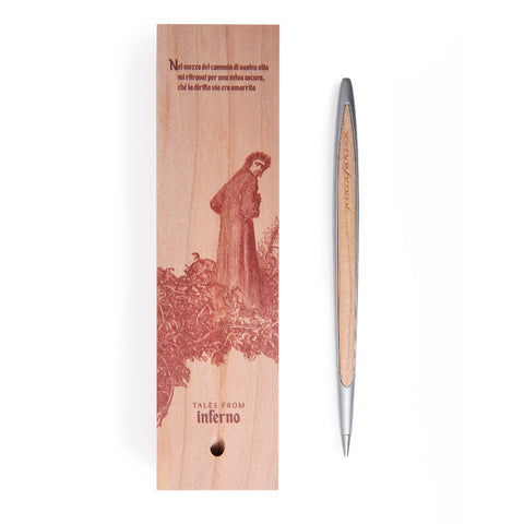 Pininfarina Segno "Cambiano Inferno Dante 700th Special Edition" luxury ethergraf inkless pen with aluminum body and cedar wood inserts alongside its cedar wood base with an illustration and a fragment of his work "The Divine Comedy"