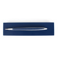 Pininfarina Segno "Cambiano Oracle Red Bull Racing" special edition pen, in ballpoint ink tip. Aluminum body with blue painted wood inserts lying in its blue base.