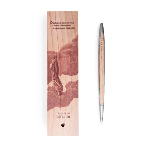 Pininfarina Segno "Cambiano Paradiso 700th edition" Ethergraf inkless pen with aluminum body and cedar wood inserts next to its with an illustration of a fragment of the Divine Comedy of Dante Alighieri with a man walking in clouds.