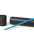FO - Forever Made In Italy "Prima" Ethergraf inkless pen with anodized aluminum long body in the color blue alongside its tube-shaped packaging.