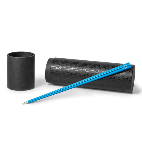 FO - Forever Made In Italy "Prima" Ethergraf inkless pen with anodized aluminum long body in the color blue alongside its tube-shaped packaging.