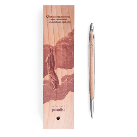 Pininfarina Segno "Cambiano Paradiso 700th edition" ballpoint pen with aluminum body and cedar wood inserts next to its with an illustration of a fragment of the Divine Comedy of Dante Alighieri with a man walking in clouds.