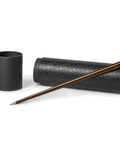 FO - Forever Made In Italy "Prima" Ethergraf inkless pen with anodized aluminum long body in the color bronze alongside its tube-shaped packaging.