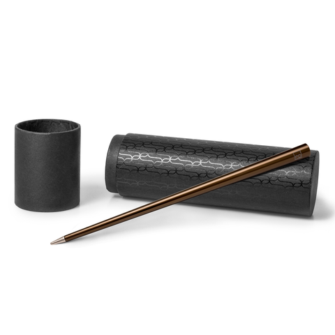 FO - Forever Made In Italy "Prima" Ethergraf inkless pen with anodized aluminum long body in the color bronze alongside its tube-shaped packaging.