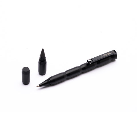 FO - Forever Made In Italy "Modula" Pen with double-tip design, contains a graphite tip and a ballpoint tip, in black  aluminum body in a white background.